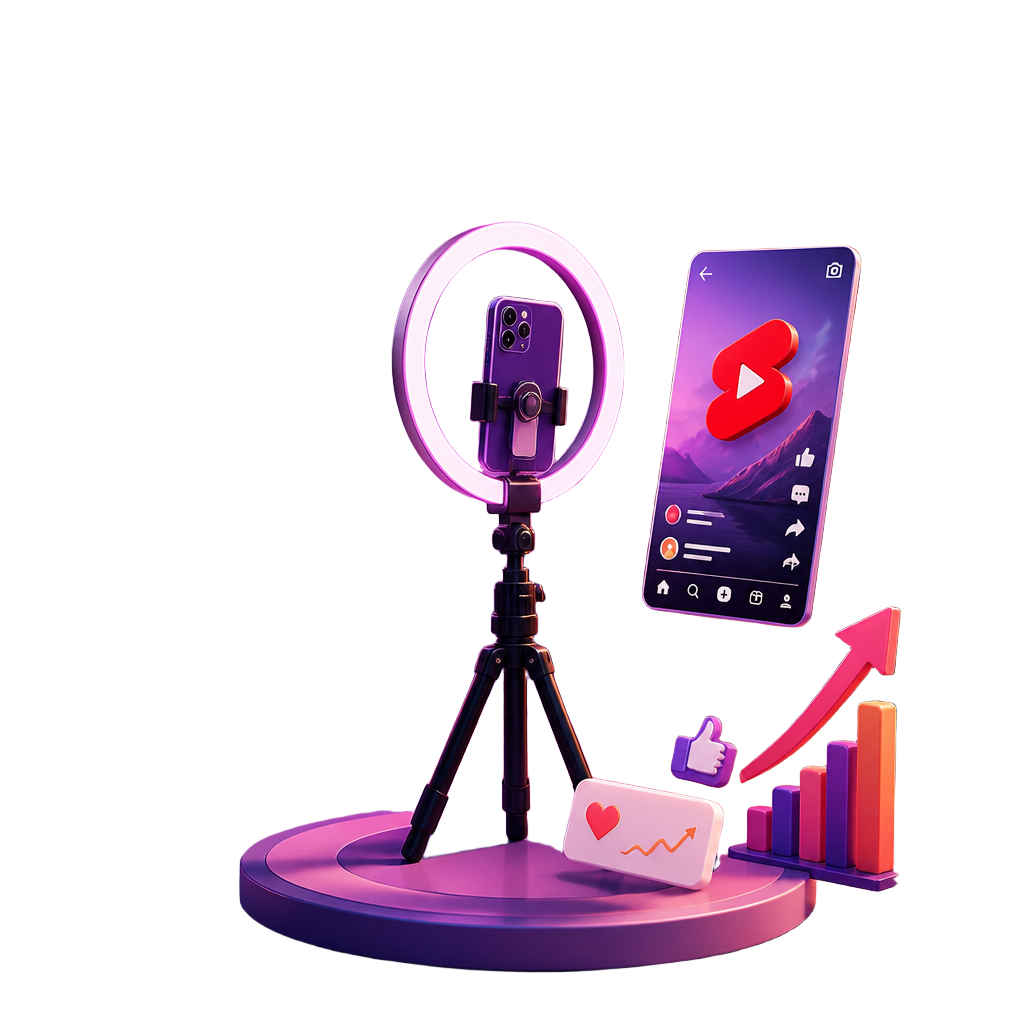 3D creator studio with ring light, phone, and viral growth charts